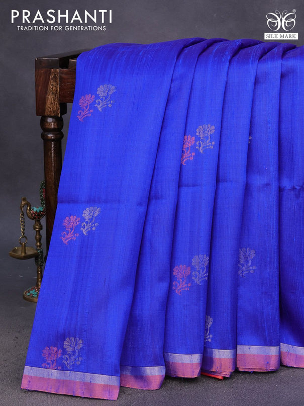 Pure raw silk saree blue and pink with silver & copper zari woven buttas and zari woven border