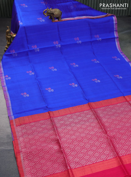 Pure raw silk saree blue and pink with silver & copper zari woven buttas and zari woven border