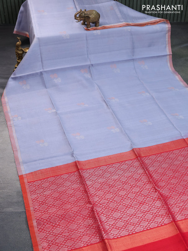 Pure raw silk saree pastel grey shade and dual shade of red with silver & copper zari woven buttas and zari woven border