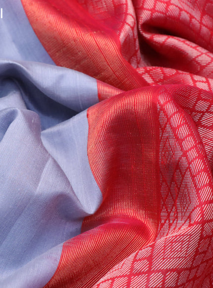 Pure raw silk saree pastel grey shade and dual shade of red with silver & copper zari woven buttas and zari woven border