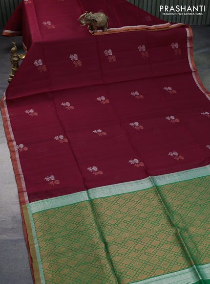 Pure raw silk saree maroon and green with silver & copper zari woven buttas and zari woven border