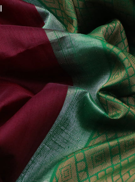 Pure raw silk saree maroon and green with silver & copper zari woven buttas and zari woven border