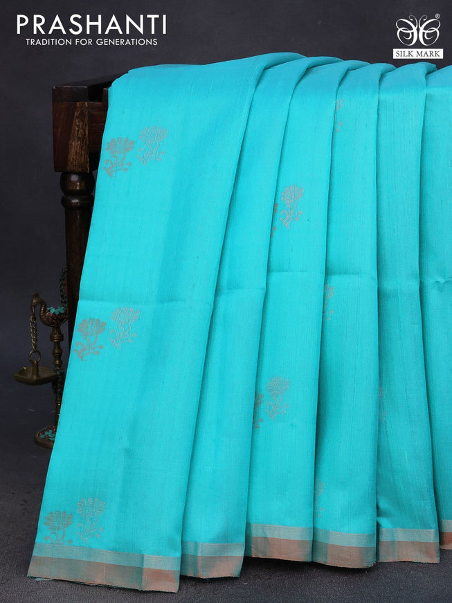 Pure raw silk saree teal blue and pink with silver & copper zari woven buttas and zari woven border