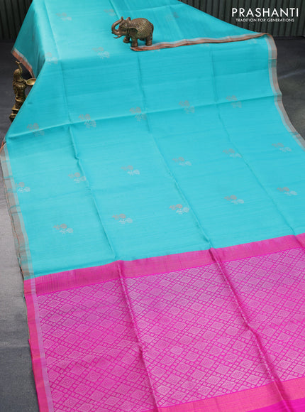 Pure raw silk saree teal blue and pink with silver & copper zari woven buttas and zari woven border