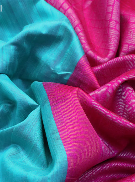 Pure raw silk saree teal blue and pink with silver & copper zari woven buttas and zari woven border