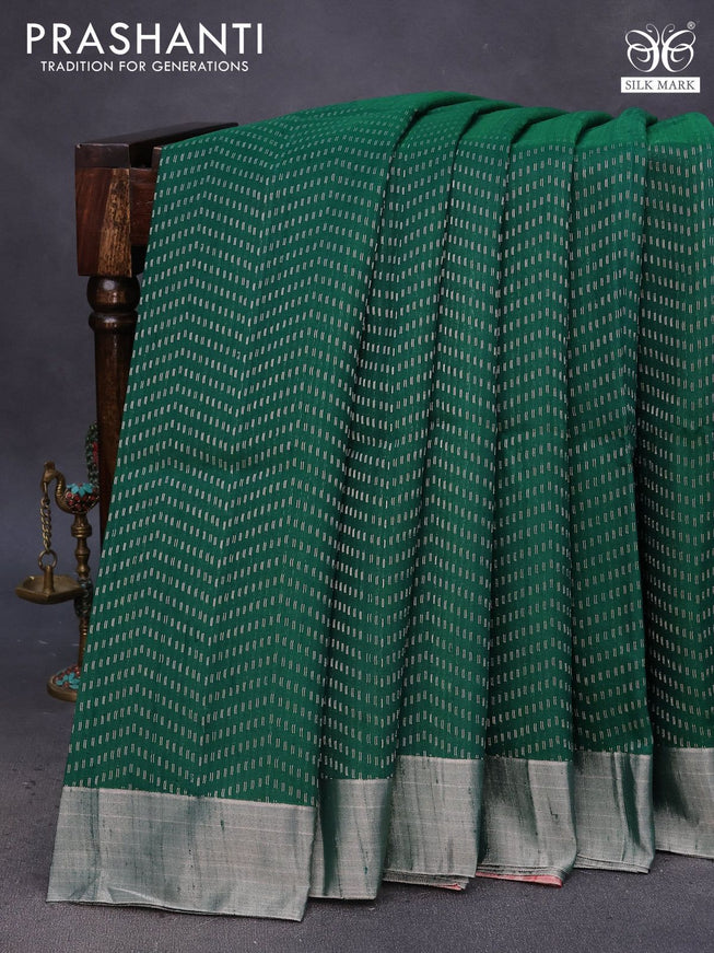 Pure raw silk saree green and red with allover silver zari weaves and silver zari woven border