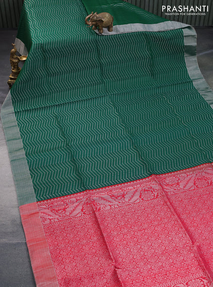 Pure raw silk saree green and red with allover silver zari weaves and silver zari woven border