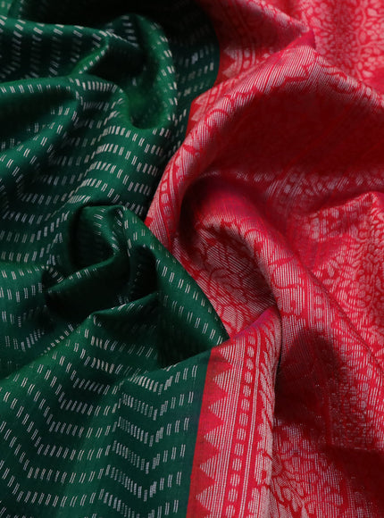 Pure raw silk saree green and red with allover silver zari weaves and silver zari woven border