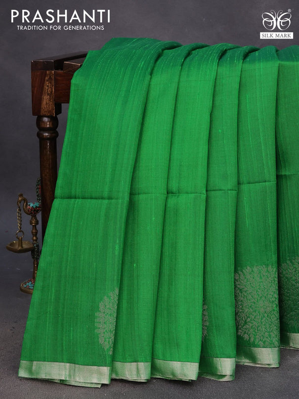 Pure raw silk saree green and mustard yellow with plain body and silver zari woven border