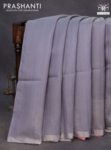 Pure raw silk saree grey shade and pink with plain body and silver zari woven border