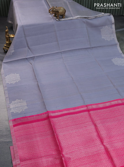 Pure raw silk saree grey shade and pink with plain body and silver zari woven border