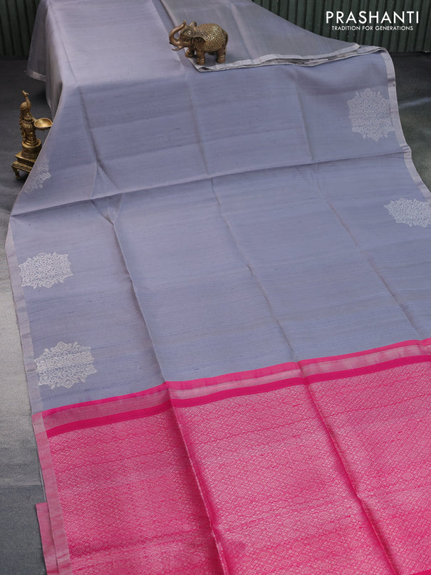 Pure raw silk saree grey shade and pink with plain body and silver zari woven border