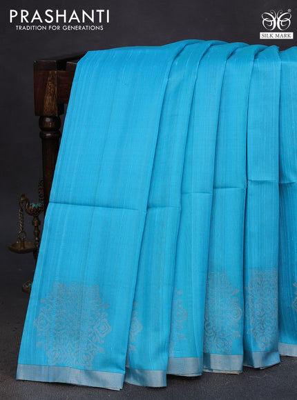 Pure raw silk saree light blue and mustard yellow with plain body and silver zari woven border