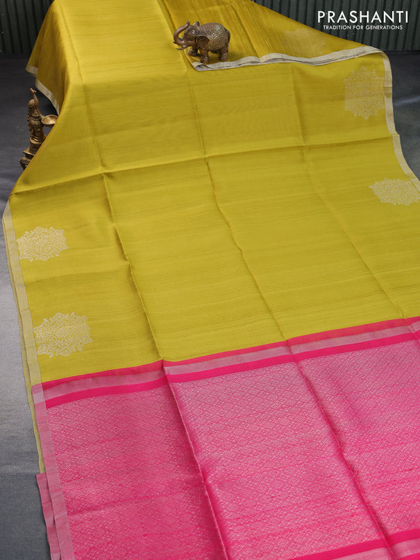 Pure raw silk saree lime yellow and pink with plain body and silver zari woven border