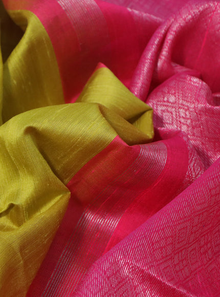 Pure raw silk saree lime yellow and pink with plain body and silver zari woven border