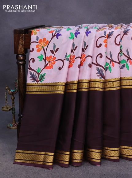 Pure mysore silk saree baby pink and coffee brown with kalamkari digital prints and long rettapet zari woven border