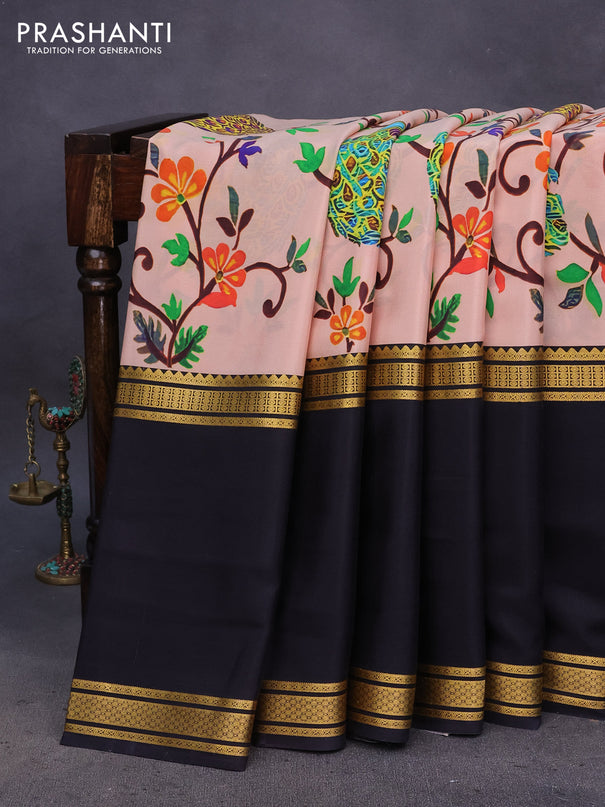 Pure mysore silk saree mild peach orange and black with kalamkari digital prints and long rettapet zari woven border