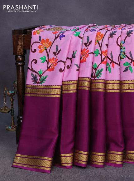 Pure mysore silk saree light pink and purple with kalamkari digital prints and long rettapet zari woven border