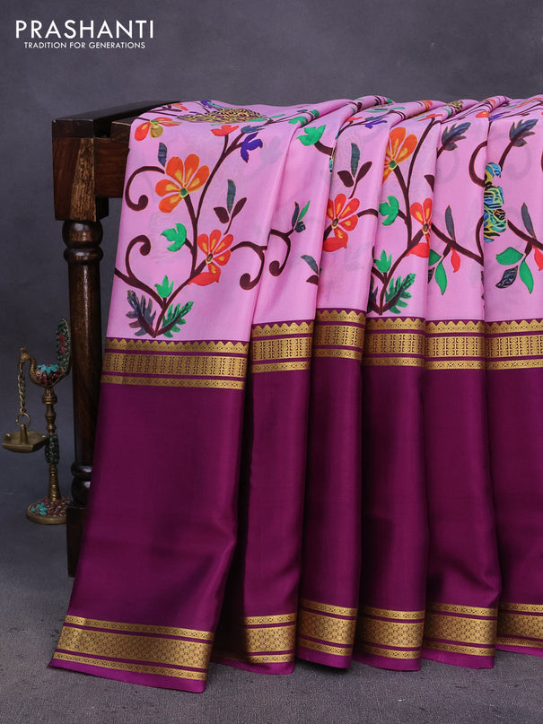 Pure mysore silk saree light pink and purple with kalamkari digital prints and long rettapet zari woven border