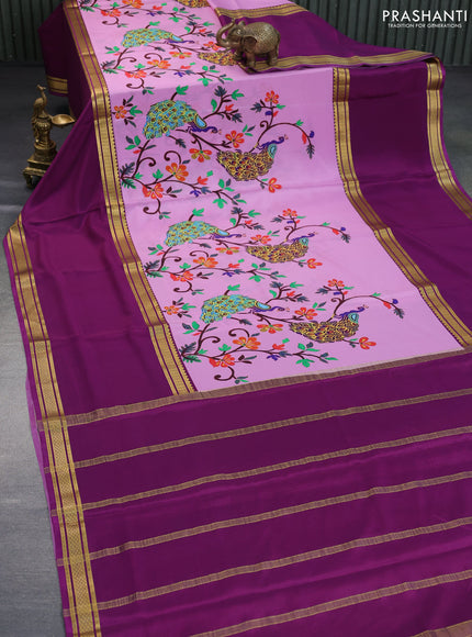 Pure mysore silk saree light pink and purple with kalamkari digital prints and long rettapet zari woven border