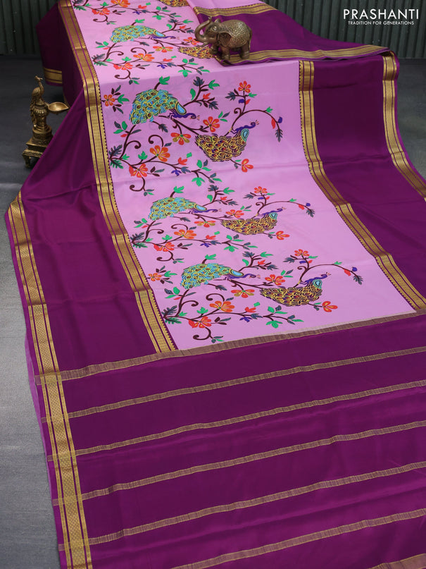 Pure mysore silk saree light pink and purple with kalamkari digital prints and long rettapet zari woven border