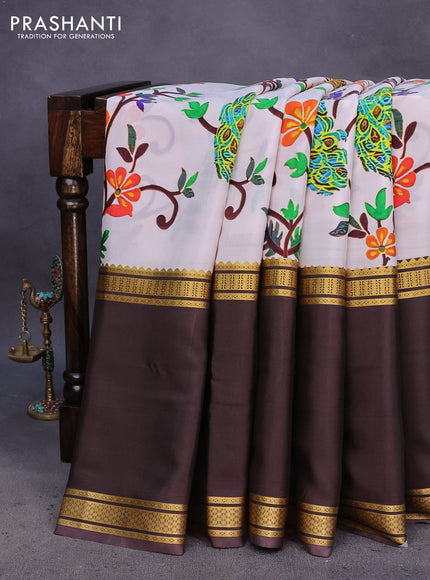 Pure mysore silk saree off white and coffee brown with kalamkari digital prints and long rettapet zari woven border