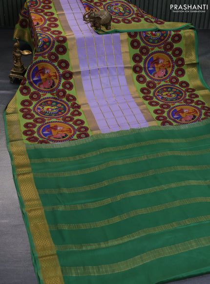 Pure mysore silk saree pastel lavender and pastel green shade with zari checked pattern and kalamkari printed zari border