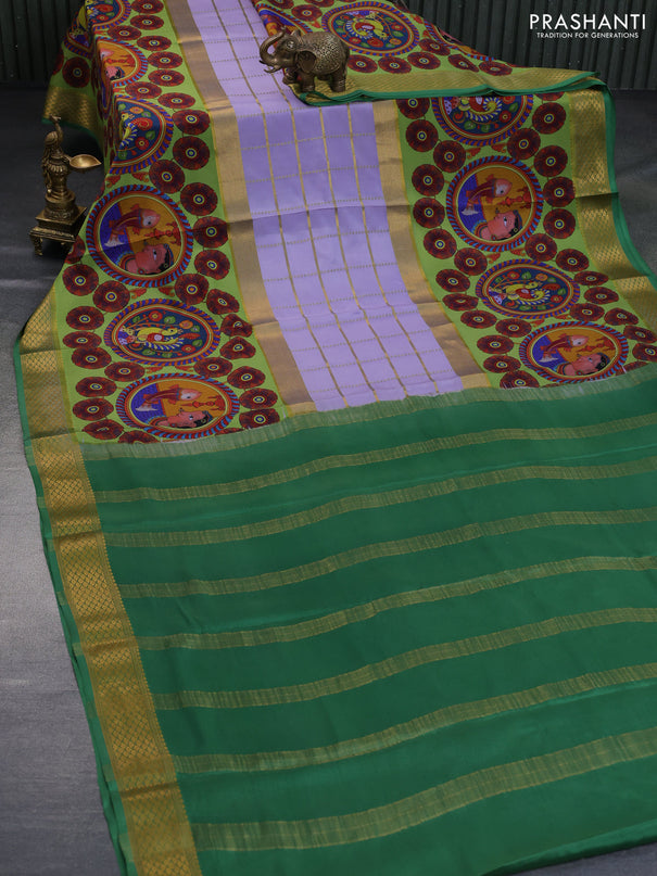 Pure mysore silk saree pastel lavender and pastel green shade with zari checked pattern and kalamkari printed zari border