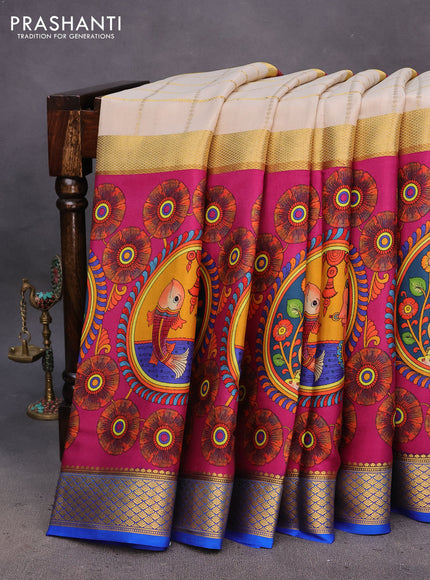 Pure mysore silk saree cream and magenta pink royal blue with zari checked pattern and kalamkari printed zari border