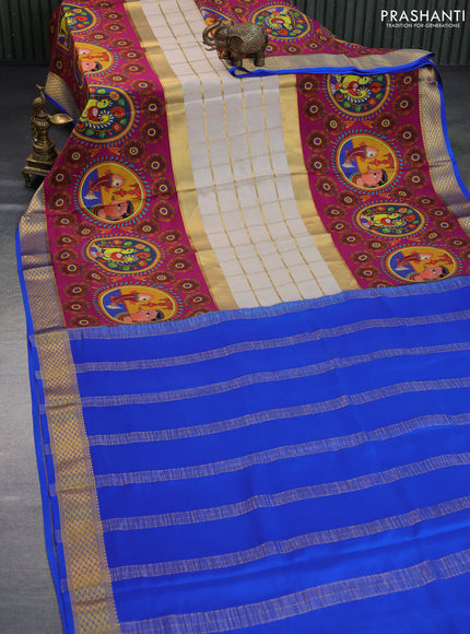 Pure mysore silk saree cream and magenta pink royal blue with zari checked pattern and kalamkari printed zari border