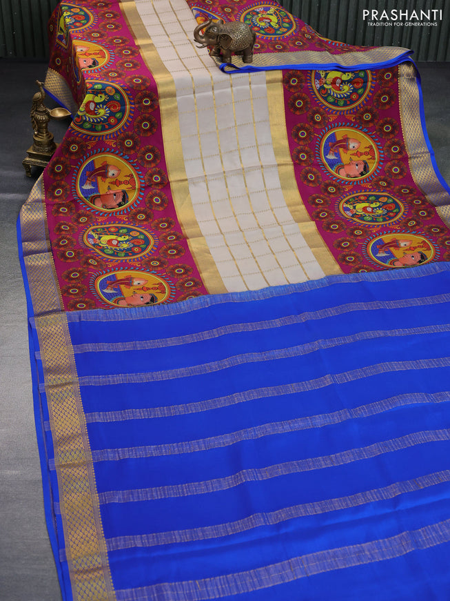 Pure mysore silk saree cream and magenta pink royal blue with zari checked pattern and kalamkari printed zari border