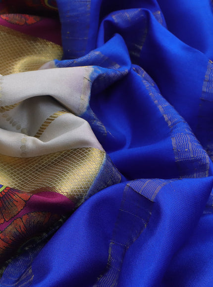 Pure mysore silk saree cream and magenta pink royal blue with zari checked pattern and kalamkari printed zari border