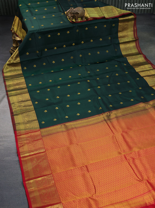 Pure kanchipuram silk saree bottle green and red with paisley zari woven buttas and zari woven border