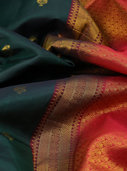 Pure kanchipuram silk saree bottle green and red with paisley zari woven buttas and zari woven border