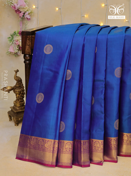 Pure kanchipuram silk saree blue and maroon with zari woven buttas and zari woven border