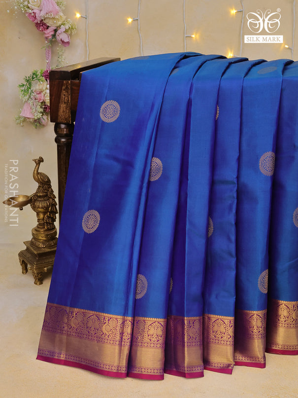 Pure kanchipuram silk saree blue and maroon with zari woven buttas and zari woven border