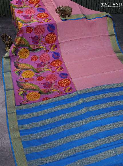 Pure mysore silk saree pastel pink and mauve pink cs blue with allover zari checked pattern and long kalamkari printed zari border