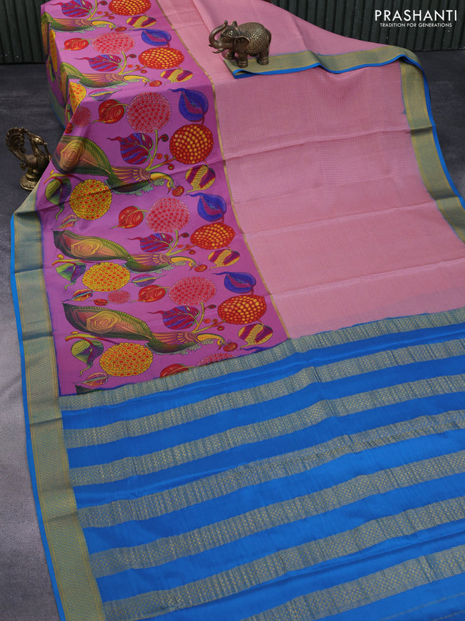 Pure mysore silk saree pastel pink and mauve pink cs blue with allover zari checked pattern and long kalamkari printed zari border