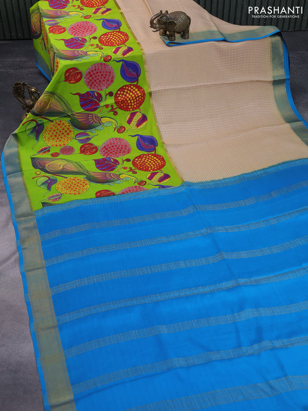 Pure mysore silk saree sandal and light green cs blue with allover zari checked pattern and long kalamkari printed zari border