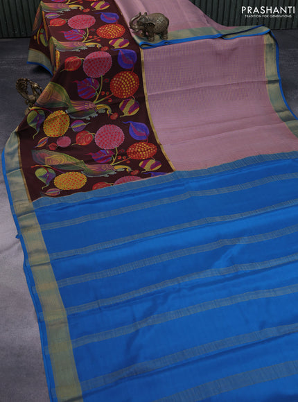 Pure mysore silk saree pastel mauve pink and brown cs blue with allover zari checked pattern and long kalamkari printed zari border