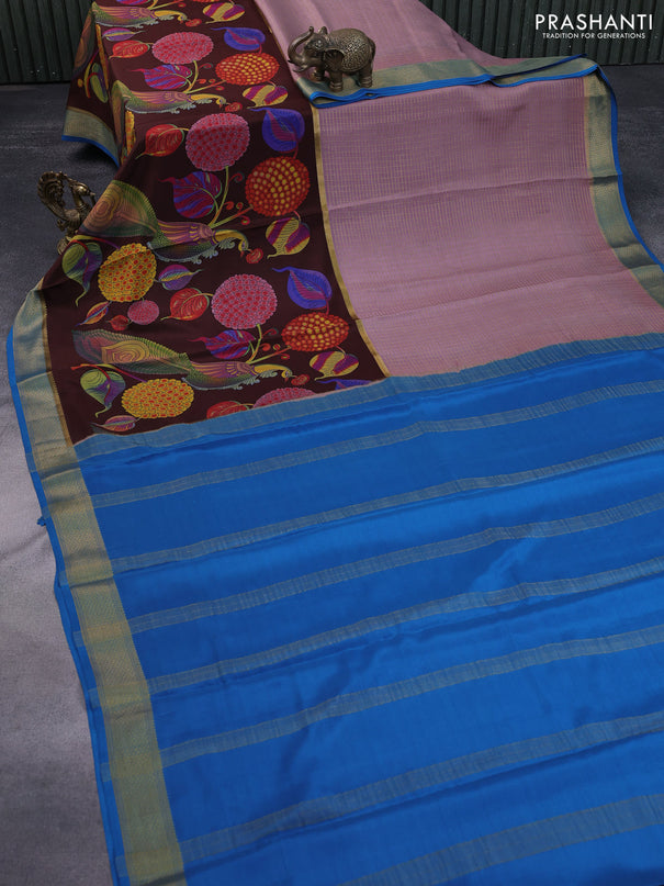 Pure mysore silk saree pastel mauve pink and brown cs blue with allover zari checked pattern and long kalamkari printed zari border