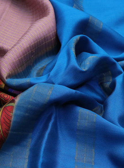 Pure mysore silk saree pastel mauve pink and brown cs blue with allover zari checked pattern and long kalamkari printed zari border