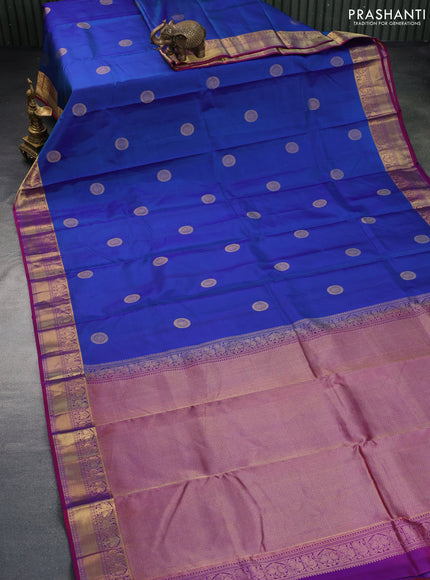 Pure kanchipuram silk saree blue and maroon with zari woven buttas and zari woven border