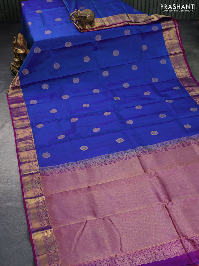 Pure kanchipuram silk saree blue and maroon with zari woven buttas and zari woven border