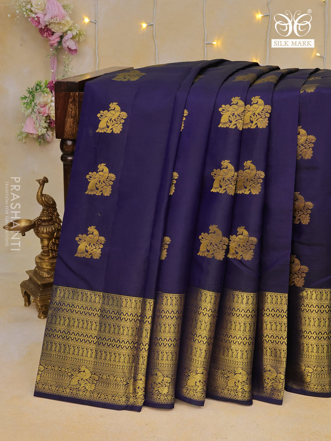 Pure kanchipuram silk saree dark blue with peacock zari woven buttas and zari woven border