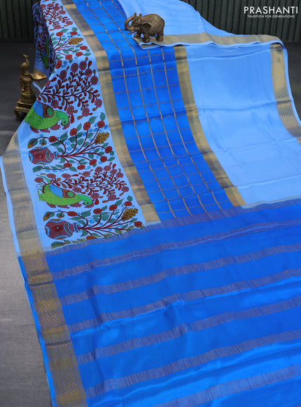 Pure mysore silk saree cs blue and blue with allover zari checked pattern and long kalamkari printed zari border