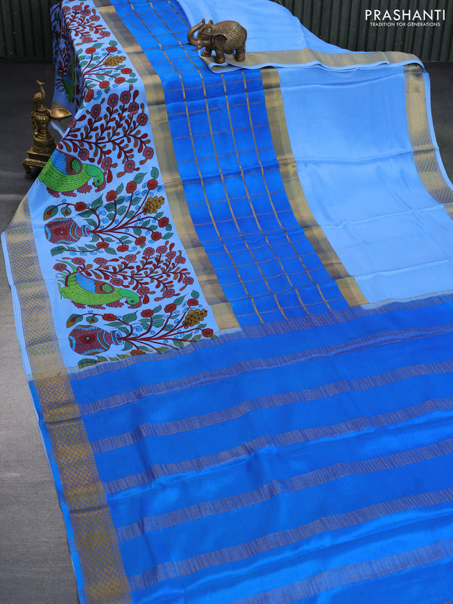 Pure mysore silk saree cs blue and blue with allover zari checked pattern and long kalamkari printed zari border