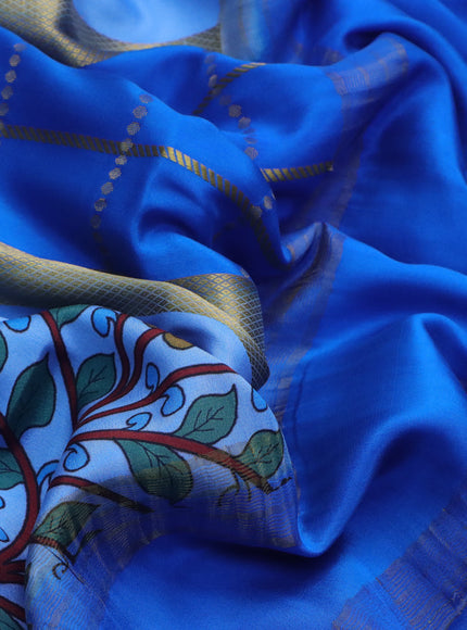 Pure mysore silk saree cs blue and blue with allover zari checked pattern and long kalamkari printed zari border