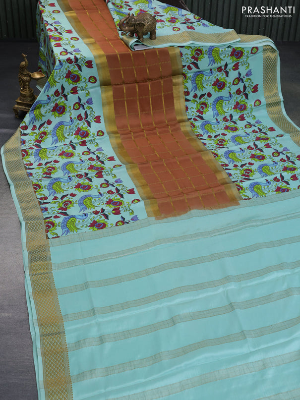 Pure mysore silk saree rust and teal blue with allover zari checked pattern and long kalamkari printed zari border