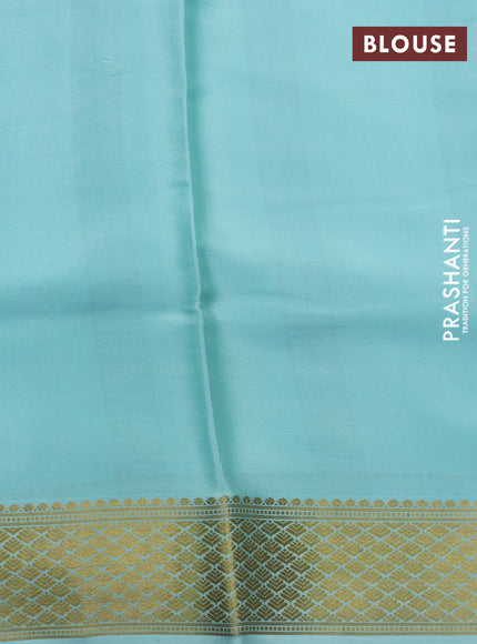 Pure mysore silk saree rust and teal blue with allover zari checked pattern and long kalamkari printed zari border